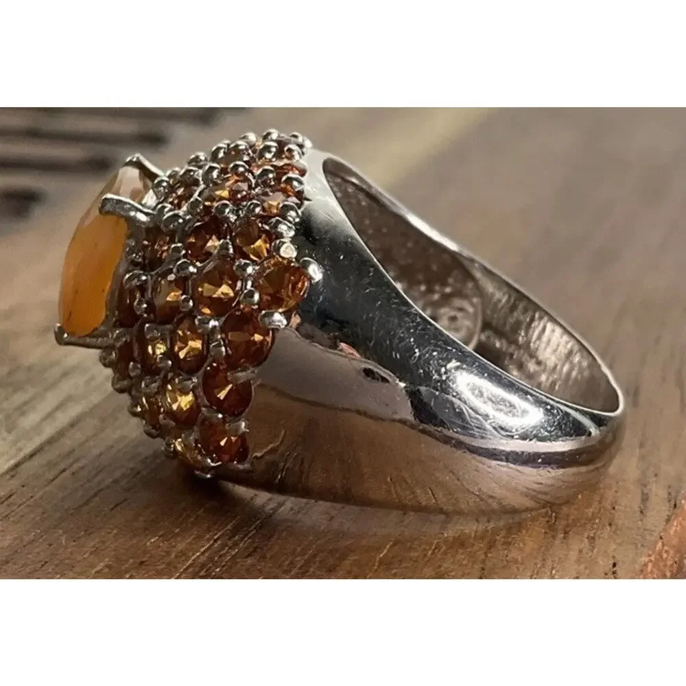Vintage Sterling Silver Peach Chalcedony Orange Gemstone Cocktail Ring Size 7